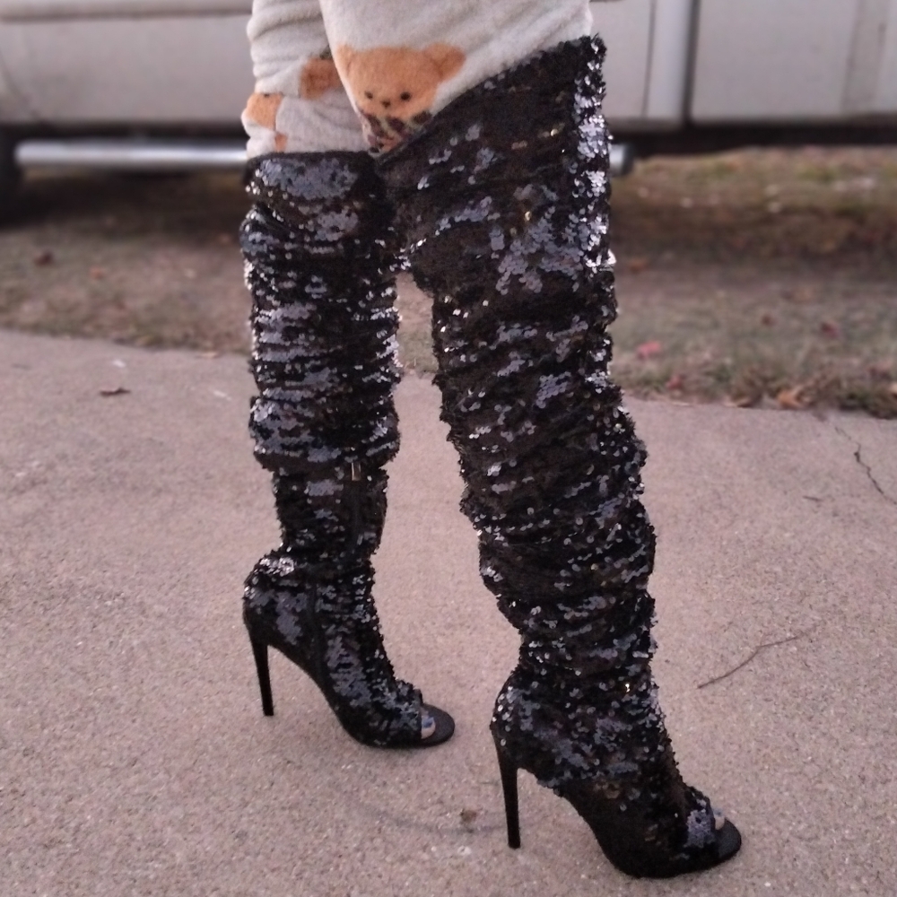 CAMSSOO Thigh High Sequins Over The Knee Open Toe Stiletto Boots - Picture 10 of 15